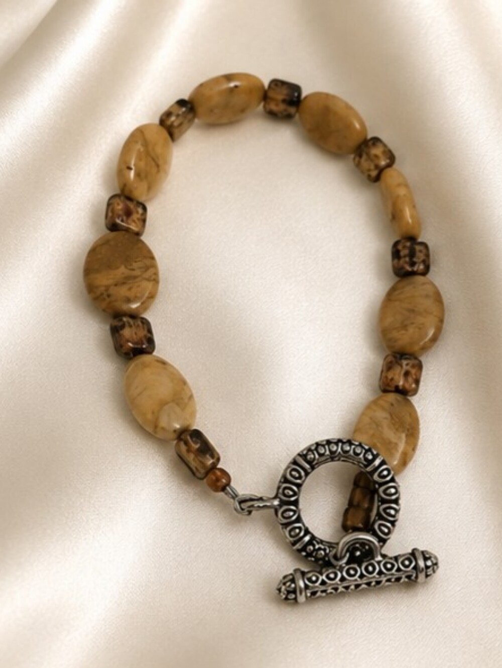Vintage Artisan Picture Jasper Beaded Toggle Bracelet, Natural Desert Gemstone